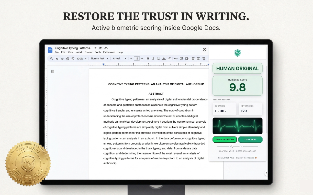 JITTER popup in the Chrome toolbar showing an active humanity score while a document is being drafted in Google Docs