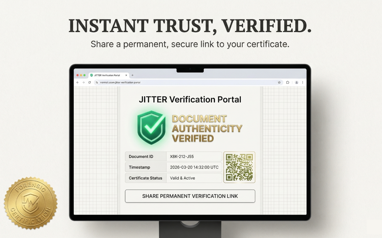Public JITTER verification portal confirming a cryptographic receipt and proof-of-process for a human-drafted document